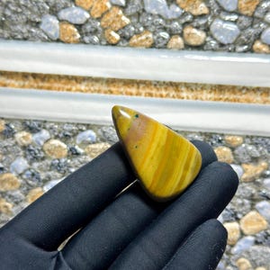 Può includere: Una gemma lucida a forma di goccia, con fasce di tonalità gialle, marroni e rosa. La pietra ha una superficie liscia e lucida ed è tenuta in un guanto nero. La gemma è un minerale naturale, probabilmente utilizzato per gioielli o esposizioni.