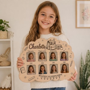 Puede incluir: Un tablero de madera clara para fotos escolares con borde festoneado, que presenta el nombre Charlotte, una ilustración de mochila y ocho recortes cuadrados para fotos etiquetados con niveles escolares desde Petite section hasta CM2.