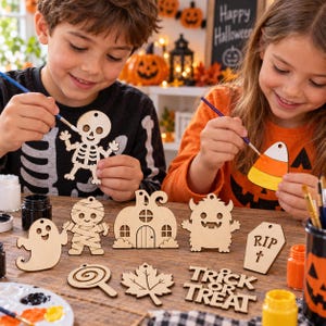 Peut inclure: Une collection d'ornements d'Halloween en bois brut comprenant un squelette, une momie, une maison citrouille, un monstre, une pierre tombale avec le texte RIP, une sucette, une feuille et le texte Trick or Treat, avec des pinceaux et de la peinture.