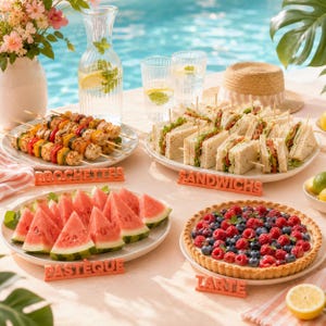 Peut inclure: Un assortiment de nourriture sur une table comprenant des brochettes de poulet, des sandwichs triangulaires, des tranches de pastèque et une tarte aux baies. Chaque plat est accompagné d'un petit panneau orange portant les inscriptions BROCHETTES, SANDWICHS, PASTÈQUE et TARTE.