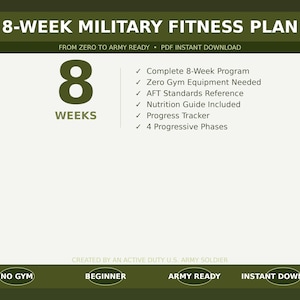 May include: An 8-Week Military Fitness Plan digital download. The green and white graphic includes the text "8 Weeks" and bullet points detailing the program's features, such as a nutrition guide and progress tracker. The plan is designed for beginners and requires no gym equipment.