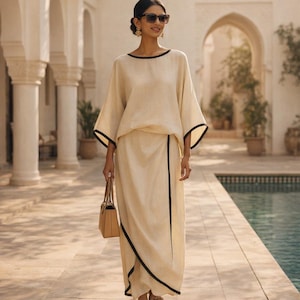Minimalistiskt tvådelat set i linne - Bohemisk sommaroutfit - Draperad kjol och fladdermustopp - Elegant resortklädsel för kvinnor - Minimalistisk bohemisk klädsel
