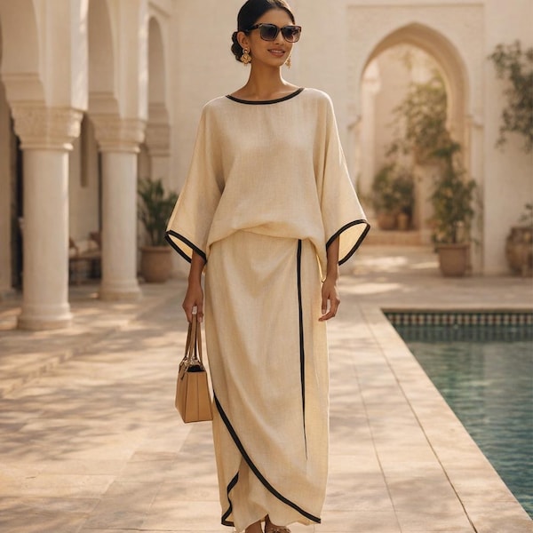 Minimalist Linen Two Piece Set - Bohemian Summer Outfit - Draped Skirt and Batwing Top - Elegant Resort Wear for Women -Minimalist Boho Wear