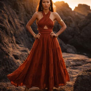 Terrakotta Boho Maxiklänning, Grekisk Gudinnaklänning, Multiway Infinity Klänning Rost-Krystall Bomullsklänning i Flerskiktad Stil-Sommarklänning-Boho Chic