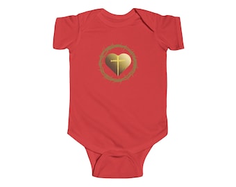 Gold Heart with Cross and Crown of Thorns Infant Bodysuit | Religious Baby Onesie