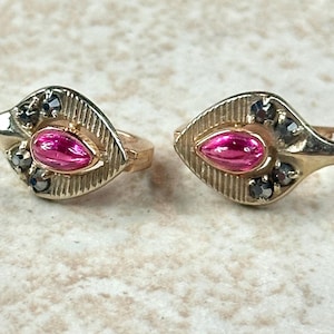 Puede incluir: Un par de pendientes dorados con un diseño en forma de hoja. Cada pendiente presenta una gema rosa brillante en forma de lágrima en el centro, rodeada de pequeñas gemas oscuras. Los pendientes están sobre un fondo neutro y texturizado.