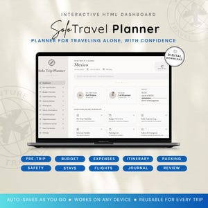 May include: A laptop displaying an interactive HTML Solo Travel Planner dashboard. The screen shows trip details for Mexico, including budget, packing, and checklist modules. Below the laptop are blue buttons labeled Pre-Trip, Budget, Expenses, Itinerary, Packing, Safety, Stays, Flights, Journal, and Review.