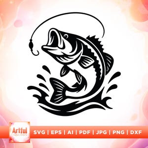 May include: A black graphic illustration of a largemouth bass fish jumping out of water with a fishing line and hook above it. The design is presented on a white background with a bottom orange banner containing the text Artful Crafts Creators.