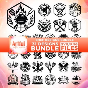 Può includere: Una collezione digitale di 31 design grafici in bianco e nero a tema culinario, con icone di utensili da cucina, cappelli da chef, barbecue e figure di cuochi. Il testo recita CHEF DESIGNS BUNDLE 31 DESIGNS BUNDLE FILES e Artful Crafts Creators.