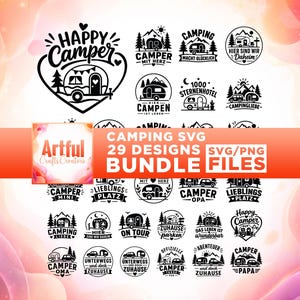 Può includere: Una collezione digitale di 29 disegni grafici in bianco e nero a tema campeggio, con illustrazioni di camper, montagne, alberi e stelle, accompagnati da varie scritte tra cui Happy Camper, Camping SVG e 29 Designs Bundle Files.