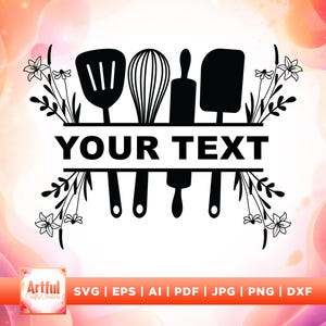 Op de afbeelding: Zwart-wit afbeelding van keukengerei met de tekst "YOUR TEXT" in een banner. De afbeelding bevat een spatel, garde, deegroller en schraper. Bloemenaccenten omlijsten de tekst en het keukengerei.