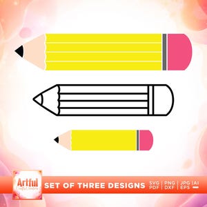 May include: Set of three pencil designs. Two pencils are yellow with pink erasers, and one is a black outline. The pencils are in different sizes. The text "SET OF THREE DESIGNS" is displayed.