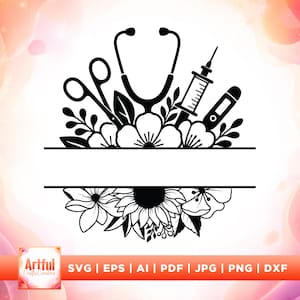 SVG con monogramma diviso per infermiera, CNA con immagine del nome, Cricut, sublimazione, SVG con scarabocchio infermieristico, design per maglietta, regalo per infermiera, SVG con stetoscopio