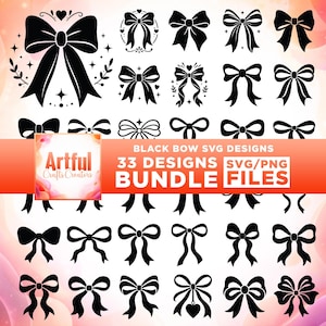 May include: A collection of 33 black bow graphic designs arranged in a grid. The set includes various bow styles with decorative elements like hearts, stars, and leaves. A central orange banner displays the text Black Bow SVG Designs 33 Designs SVG/PNG Bundle Files and the Artful Crafts Creators logo.