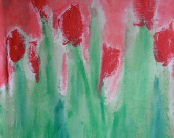 Colorful, original, abstract floral growth painting entitled "Sprung (raw at sunset)" with reds, corals, greens, teal by Beth Slater Winnick