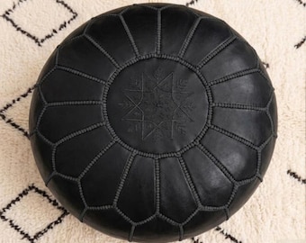 Handmade Moroccan Leather Pouf  - Large Round Black Ottoman, Stitched Premium Leather Floor Pillow - Shipped from New York - Unstuffed