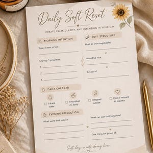 Op de afbeelding: Een beige dagplanner met de tekst "Daily Soft Reset" en prompts voor ochtendintentie, dagelijkse check-in en avondreflectie. Een zonnebloemillustratie staat in de rechterbovenhoek. Een gouden pen ligt ernaast.