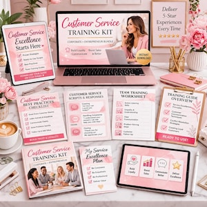 Può includere: Un kit di formazione sul servizio clienti a tema rosa con laptop, tablet e materiali stampati. Il laptop mostra "Customer Service Training Kit". Il tablet mostra "Customer Service Excellence Starts Here". Altri materiali includono liste di controllo e fogli di lavoro.