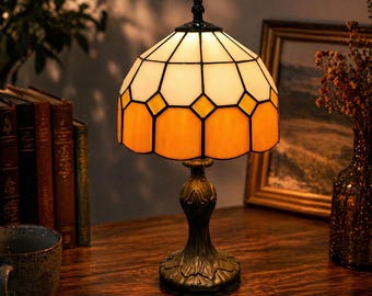 Tiffany Style Table Lamp Amber | Vintage Bedside Lamp | Warm Stained Glass Desk Light | Cozy Night Lamp | Home Decor Gift