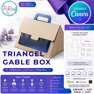 May include: A brown triangle gable box with a blue handle and a clear window. The image includes the text "TRIANGEL GABLE BOX" and "TEMPLATE • CUT FILE • PRINTABLE". The box is a digital download for gift packaging.