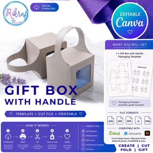Op de afbeelding: Een digitale cadeauverpakking sjabloon met een handvat, met een venster en een handvat. Het ontwerp bevat instructies en is compatibel met Cricut- en Silhouette-machines. De tekst luidt "GIFT BOX WITH HANDLE" en "DIGITAL DOWNLOAD".