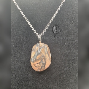 May include: A pendant necklace featuring a polished, irregularly shaped stone with brown and black patterns. The stone is suspended from a silver-colored chain. The necklace is displayed against a dark background. The text "ABALONE SHARK LAPIDARY" is visible.