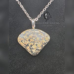Könnte beinhalten: Abalone Shark Lapidary Anhänger. Der Anhänger zeigt einen unregelmäßig geformten Stein mit beige-, grau- und schwarzen Mustern, der an einer feinen Silberkette hängt. Der Text "ABALONE SHARK LAPIDARY" ist sichtbar.