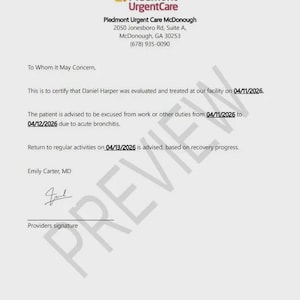 May include: A medical document from Piedmont Urgent Care McDonough, with the facility's address and contact information. The document certifies Daniel Harper's evaluation and treatment, advising absence from work from 04/11/2026 to 04/12/2026 due to bronchitis. Return to work is advised on 04/13/2026.