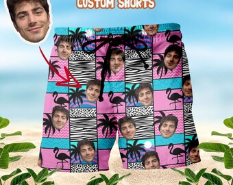 Palm Tree/Flamingo Pattern Shorts, Custom Face Men/Women Swim Trunks, Summer Shorts, Beach Shorts With Face Photo, Gift For Him/Her