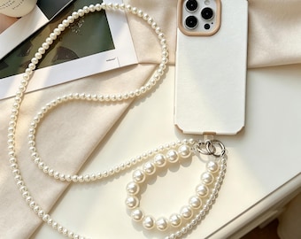 Elegante cordón para teléfono con cuentas de perlas y longitud ajustable para llevarlo cruzado y para una protección diaria contra pérdidas.