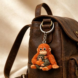 May include: A handmade keychain featuring an orange monkey holding a gray baby monkey. The keychain is attached to a brown leather backpack with a silver keyring. The monkey charm is detailed with expressive eyes and textured fur.