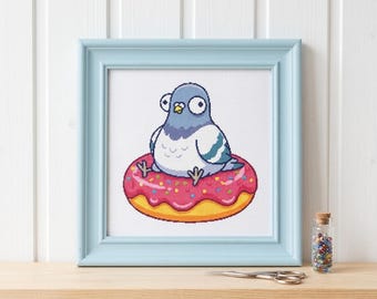 Grappige duif donut kruissteekpatroon, eigenzinnig vogelborduurontwerp (pdf-download)