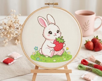 Strawberry Bunny kruissteekpatroon, kawaii dier borduurontwerp (pdf-download)