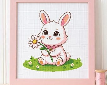 Daisy Bunny-kruissteekpatroon, borduurontwerp kawaii konijn (pdf-download)