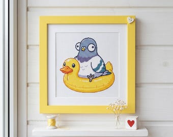 Grappige duif kruissteekpatroon, Duck Float Bird-borduurontwerp (pdf-download)