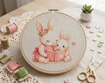 Mother Bunny Baby kruissteekpatroon, gezellig kinderkamerborduurwerk (pdf-download)