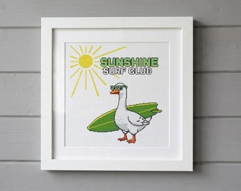 Silly Goose surfplank kruissteekpatroon, grappig vogelborduurontwerp (pdf-download)