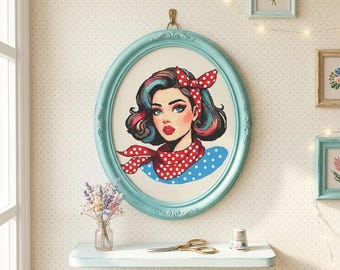 Popart meisje kruissteekpatroon, retro vrouw borduurontwerp (pdf-download)