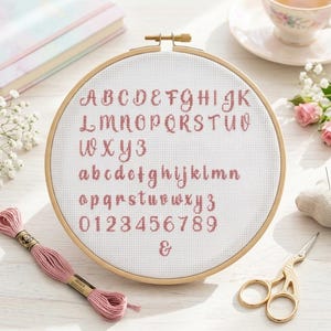 May include: A circular wooden embroidery hoop containing white Aida fabric with cross-stitched dusty rose letters of the alphabet in uppercase and lowercase, numbers zero through nine, and an ampersand symbol, accompanied by pink embroidery floss.