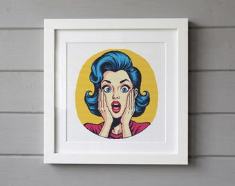 Verrast popart meisje kruissteekpatroon, retro vrouw borduurontwerp (pdf-download)