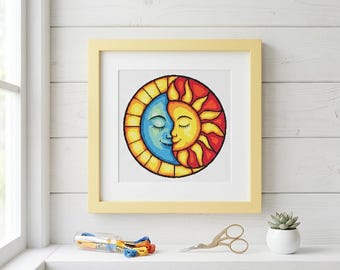 Hemelse zon en maan kruissteekpatroon, boho astrologie borduurontwerp (pdf-download)