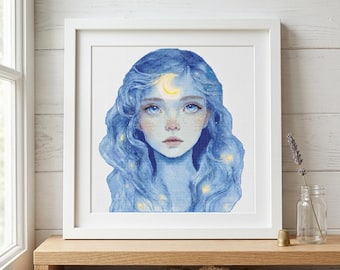 Celestial Blue Haired Girl kruissteekpatroon, fantasie portret borduurontwerp (pdf-download)