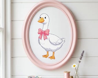 Witte gans kruissteekpatroon, roze strik borduurontwerp, Cottagecore-decor (pdf-download)