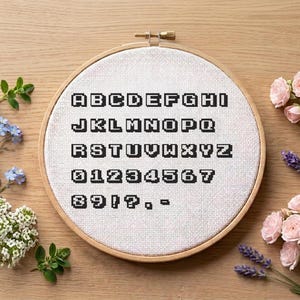 May include: A circular wooden embroidery hoop containing white fabric with a black cross-stitch alphabet from A to Z, numbers 0 through 9, and punctuation marks including an exclamation point, question mark, comma, and a hyphen centred on the cloth.