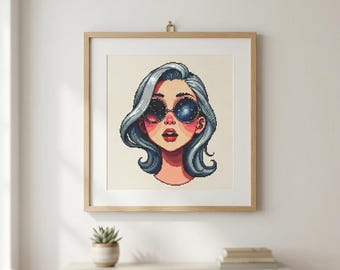 Pop-art meisje kruissteekpatroon, stijlvolle moderne muurkunst (pdf-download)