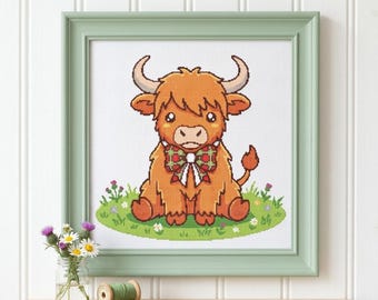 Highland Cow-kruissteekpatroon, schattig boerderijdier borduurontwerp (pdf-download)