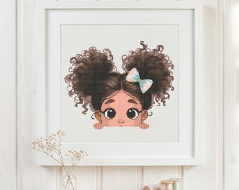 Kiekeboe meisje kruissteekpatroon, kawaii portret borduurontwerp (pdf-download)