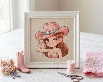 Kawaii cowgirl-kruissteekpatroon, western borduurontwerp (pdf-download)