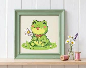 Kruissteekpatroon kikker, kawaii dierenborduurwerk, Cottagecore Nature Art (pdf-download)