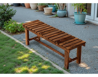 Backless Wooden Garden Bench: Weatherproof 2-Person Patio Seating, Carbonized Brown Slat Style
